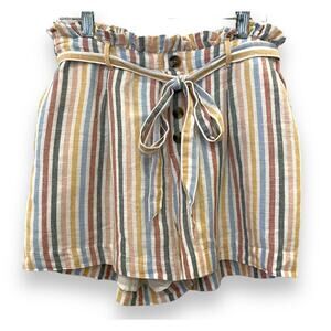 American Eagle Women's S Linen Cotton Striped Tie Relaxed Paper Bag Shorts Cream
